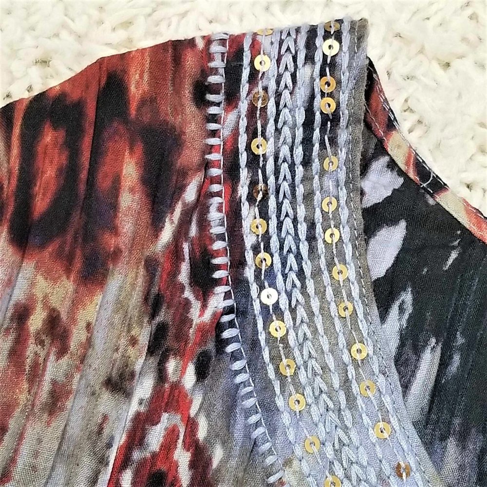 Top, Blouse. Blue, Brown, Rust Multi Pattern. Embroidered. Size 1X. - Picture 13 of 16